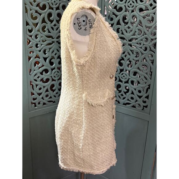 NEW Trixxi Ivory Fringe-Gold Trim Boucle Sleeveless Tweed Wrap Dress Junior Sz L - Picture 5 of 7
